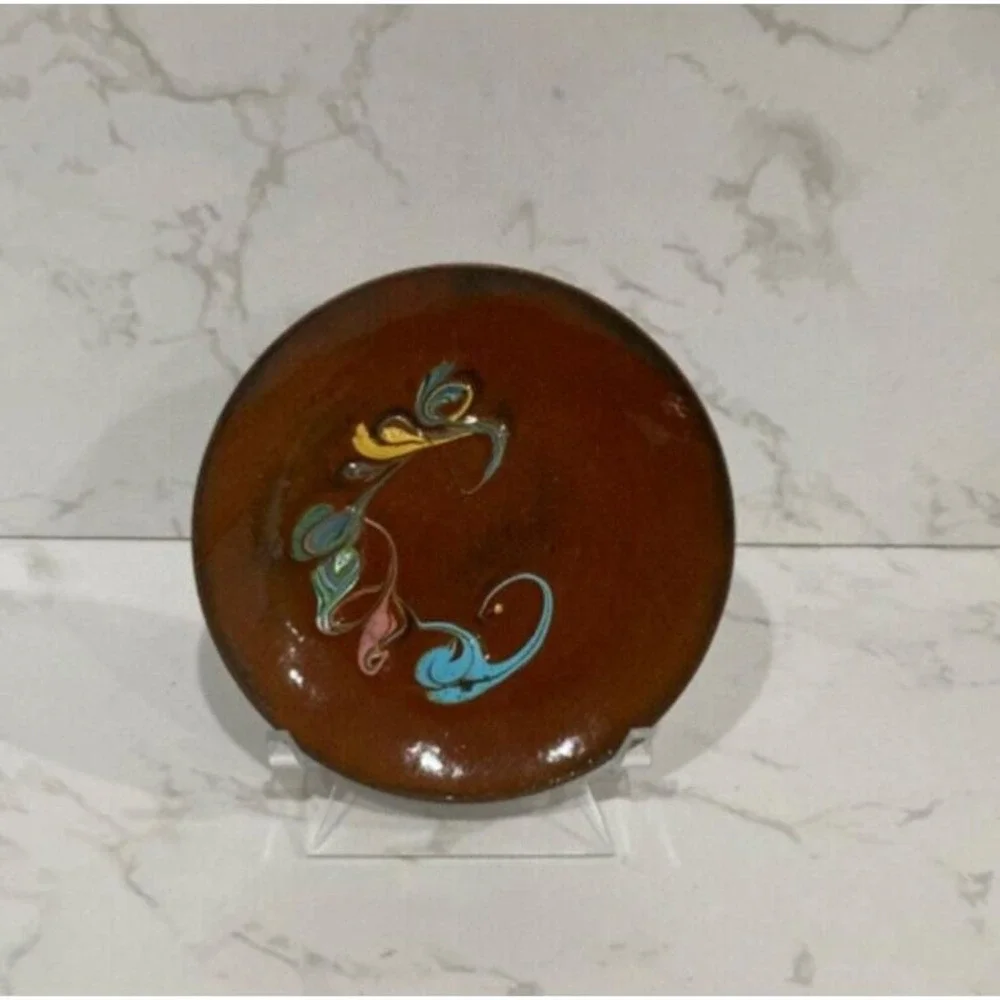 Vtg Enamel on Copper Bowl Hand Painted Dish 4